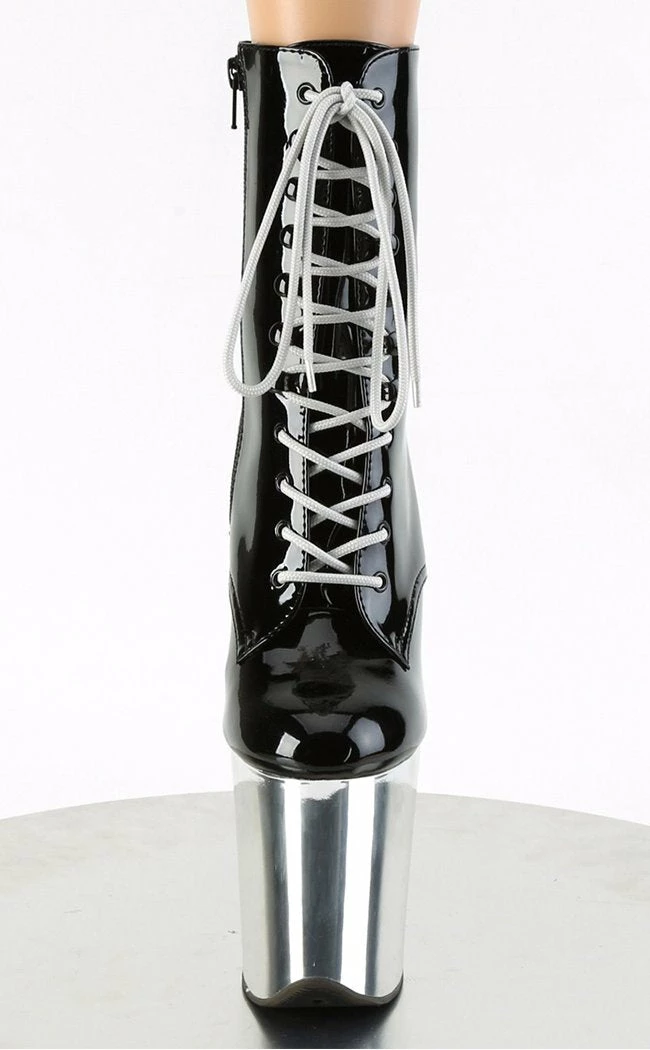 Pleaser Pole Shoes FLAMINGO-1020 Black Patent Silver Chrome Boots 4 Pleaser Pole Shoes FLAMINGO-1020 Black Patent Silver Chrome Boots