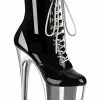 Pleaser Pole Shoes FLAMINGO-1020 Black Patent Silver Chrome Boots