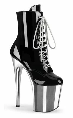 Pleaser Pole Shoes FLAMINGO-1020 Black Patent Silver Chrome Boots