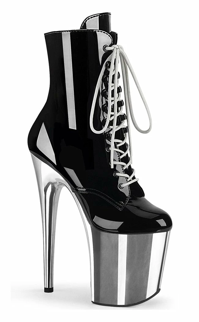 Pleaser Pole Shoes FLAMINGO-1020 Black Patent Silver Chrome Boots 3 Pleaser Pole Shoes FLAMINGO-1020 Black Patent Silver Chrome Boots