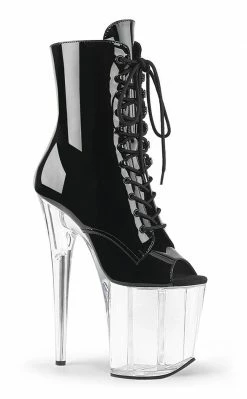 Pleaser Pole Shoes FLAMINGO-1021 Black Patent & Clear Ankle Boots