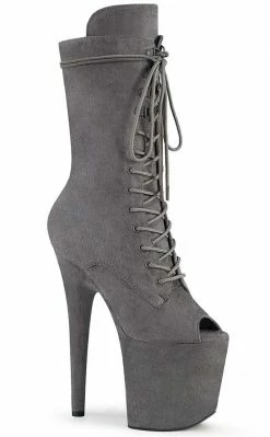 Pleaser FLAMINGO-1051FS Grey Faux Suede Mid Calf Open Toe Boots Pole Shoes