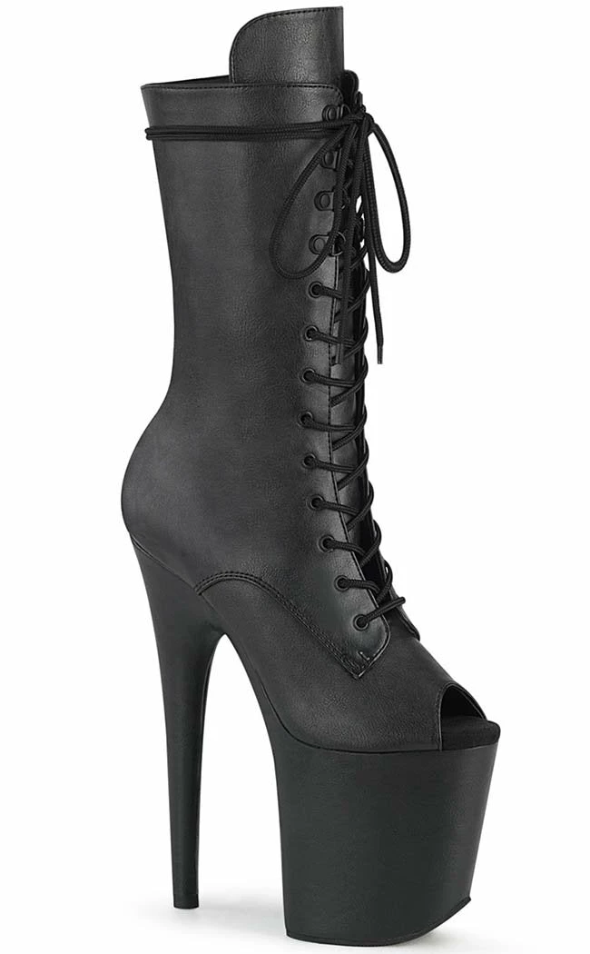 Pleaser FLAMINGO-1051WR Black Leather Mid Calf Open Toe Boots Pole Shoes 3 Pleaser FLAMINGO-1051WR Black Leather Mid Calf Open Toe Boots Pole Shoes