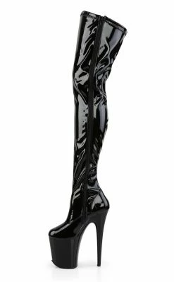 Pleaser Pole Shoes FLAMINGO-3000 Black Stretch Patent Thigh High Boots