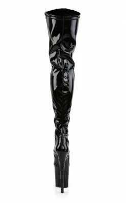 Pleaser Pole Shoes FLAMINGO-3000 Black Stretch Patent Thigh High Boots