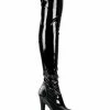 Pleaser Pole Shoes FLAMINGO-3000 Black Stretch Patent Thigh High Boots