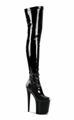 Pleaser Pole Shoes FLAMINGO-3000 Black Stretch Patent Thigh High Boots