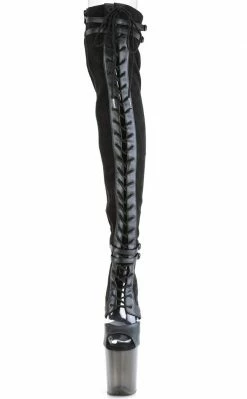 Pleaser Pole Shoes FLAMINGO-3027 Black Faux Suede/ Faux Leather Frosted Thigh High Boots