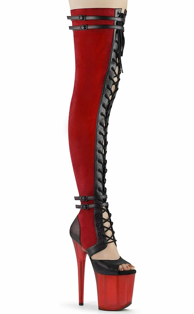 Pleaser FLAMINGO-3027 Red Faux Suede/ Faux Leather Frosted Thigh High Boots Pole Shoes 3 Pleaser FLAMINGO-3027 Red Faux Suede/ Faux Leather Frosted Thigh High Boots Pole Shoes