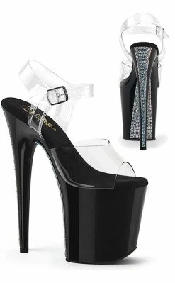Pleaser FLAMINGO-808CRS-2 Clear/Black & Silver Rhinestone Heels Pole Shoes