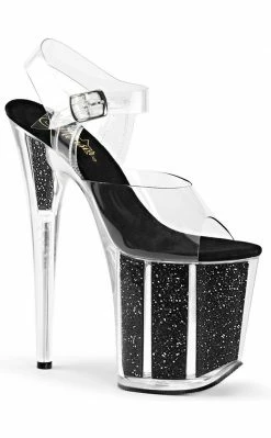 Pleaser Pole Shoes FLAMINGO-808G Clear & Black Glitter Heels