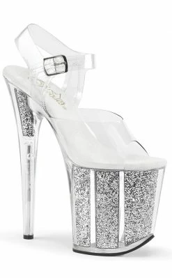 Pleaser FLAMINGO-808G Clear & Silver Glitter Heels Pole Shoes