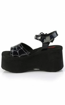 Demonia FUNN-10 Black Patent Holo Spiderweb Sandals Shoes
