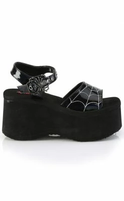 Demonia FUNN-10 Black Patent Holo Spiderweb Sandals Shoes