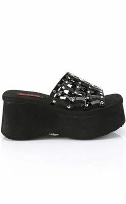 Demonia FUNN-13 Black Patent Spiderweb Slides Shoes