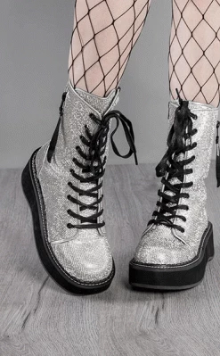 Demonia EMILY-362 Silver Rhinestone Combat Boots Shoes