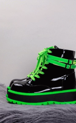 Demonia SLACKER-52 Black Patent & UV Green Platform Ankle Boots 10 Demonia SLACKER-52 Black Patent & UV Green Platform Ankle Boots