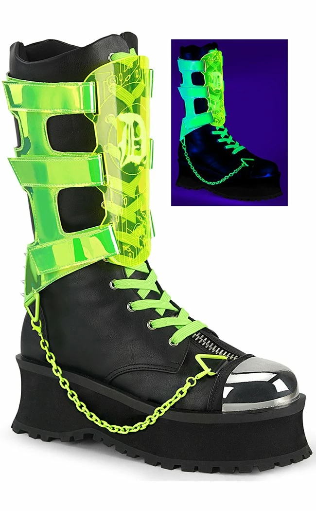 Demonia GRAVEDIGGER-255 Black & UV Green Harness Boots Shoes 3 Demonia GRAVEDIGGER-255 Black & UV Green Harness Boots Shoes