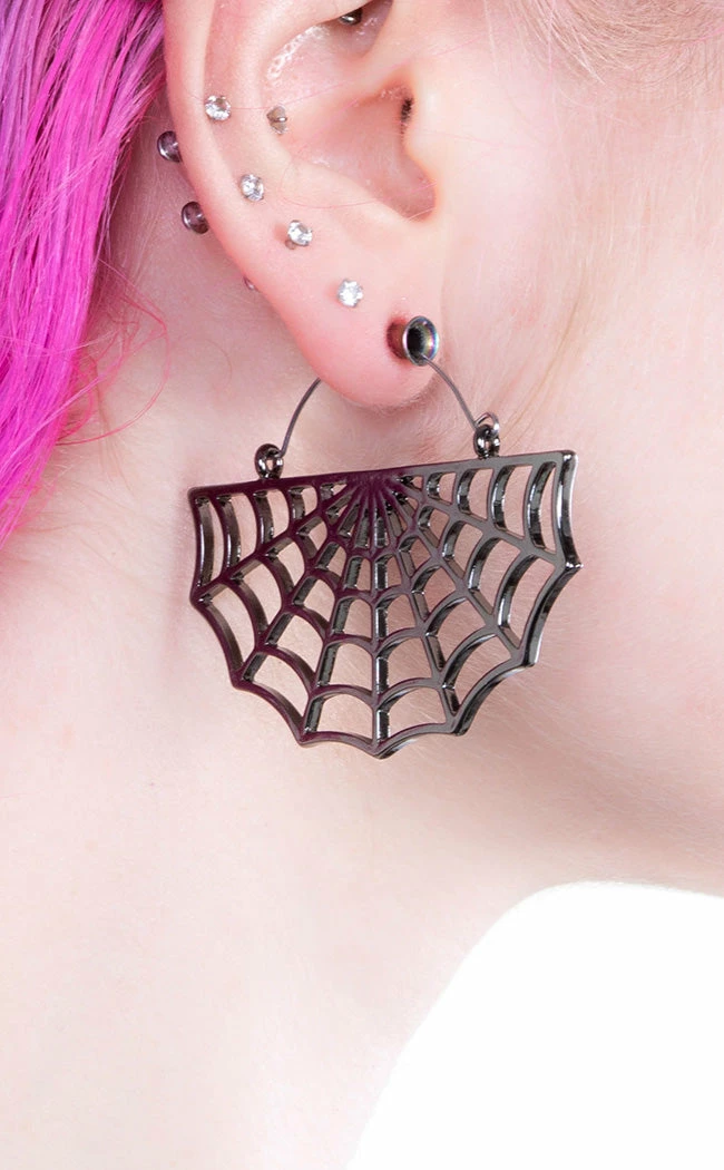 TB Jewellery Gunmetal Plated Spider Web Plug Hoops | Earrings 3 TB Jewellery Gunmetal Plated Spider Web Plug Hoops | Earrings