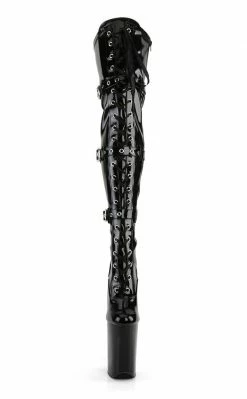 Pleaser INFINITY-3028 Blk Stretch Pat/Blk Thigh High Boots Pole Shoes