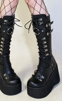 Demonia KERA-200 Black Knee High Platform Boots Shoes