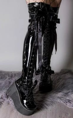 Demonia KERA-303 Black Patent Thigh High Platform Boots Shoes