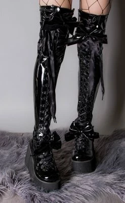 Demonia KERA-303 Black Patent Thigh High Platform Boots Shoes