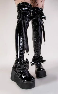 Demonia KERA-303 Black Patent Thigh High Platform Boots Shoes