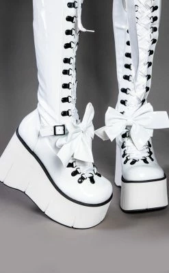 Demonia Shoes KERA-303 White Patent Thigh High Platform Boots
