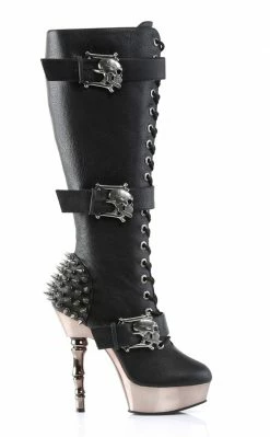 Demonia MUERTO-2028 Black & Pewter Skull Knee High Boots