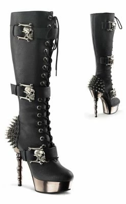 Demonia MUERTO-2028 Black & Pewter Skull Knee High Boots