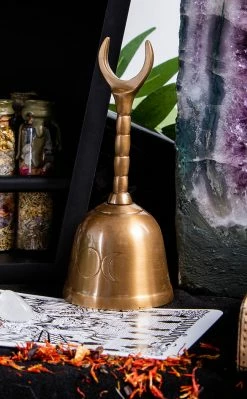 TB Moon Brass Altar Bell W Crescent Handle