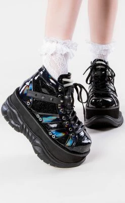 Demonia NEPTUNE-100 Black Holographic Platform Sneaker Ankle Boots