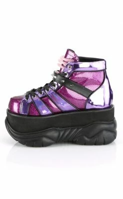 Demonia NEPTUNE-100 Purple Holographic Platform Sneaker Ankle Boots