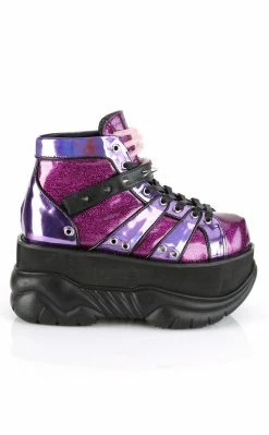 Demonia NEPTUNE-100 Purple Holographic Platform Sneaker Ankle Boots