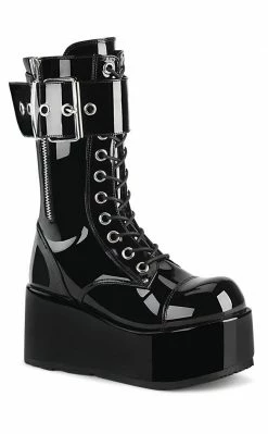 Demonia PETROL-150 Black Vegan Patent Combat Boots Shoes