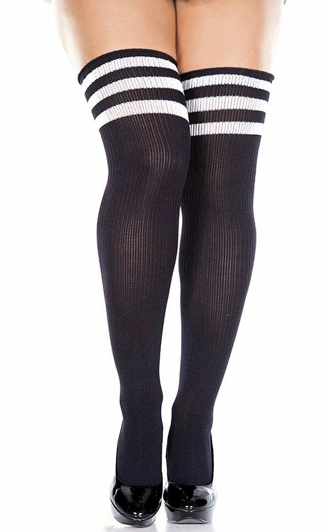 Music Legs Playing Games Athletic Striped Thigh Socks - Black 4 Music Legs Playing Games Athletic Striped Thigh Socks - Black