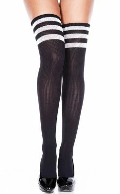 Music Legs Playing Games Athletic Striped Thigh Socks - Black