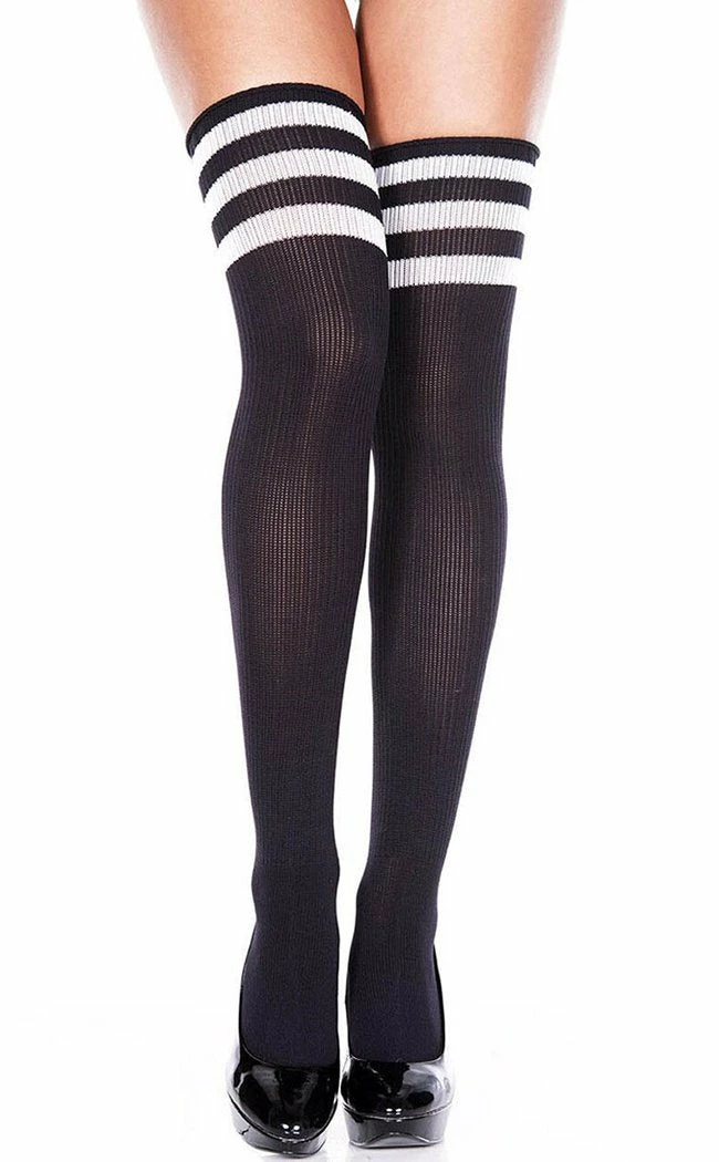 Music Legs Playing Games Athletic Striped Thigh Socks - Black 3 Music Legs Playing Games Athletic Striped Thigh Socks - Black