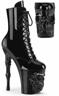Pleaser RAPTURE-1020 Black Patent Skull Boots Pole Shoes