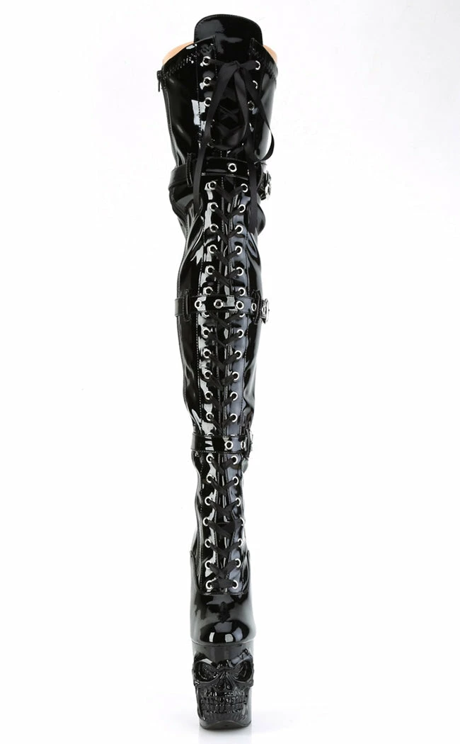Pleaser Pole Shoes RAPTURE-3028 Black Patent Thigh-High Skull Boots 4 Pleaser Pole Shoes RAPTURE-3028 Black Patent Thigh-High Skull Boots