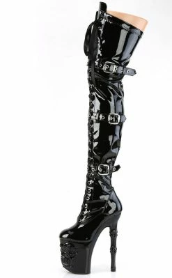 Pleaser RAPTURE-3028 Black Patent Thigh High Skull Boots Pole Shoes