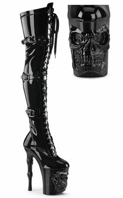 Pleaser RAPTURE-3028 Black Patent Thigh High Skull Boots Pole Shoes