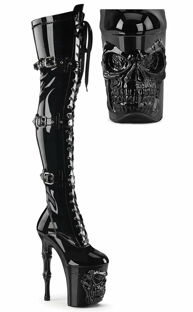 Pleaser Pole Shoes RAPTURE-3028 Black Patent Thigh-High Skull Boots 3 Pleaser Pole Shoes RAPTURE-3028 Black Patent Thigh-High Skull Boots