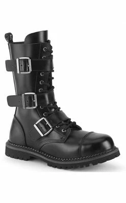 Demonia Shoes RIOT-12BK Black Leather Combat Ankle Boots
