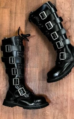 Demonia RIOT-18BK Black Leather Knee High Combat Boots