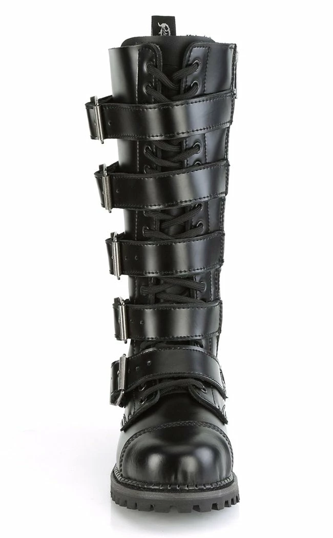 Demonia RIOT-18BK Black Leather Knee High Combat Boots 5 Demonia RIOT-18BK Black Leather Knee High Combat Boots