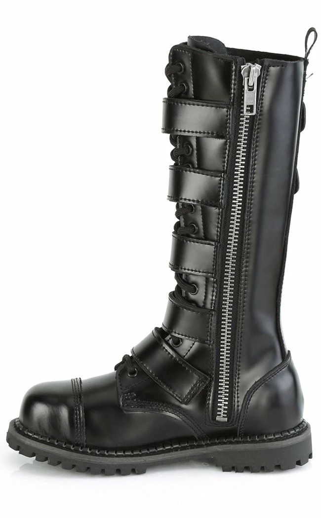 Demonia RIOT-18BK Black Leather Knee High Combat Boots 6 Demonia RIOT-18BK Black Leather Knee High Combat Boots