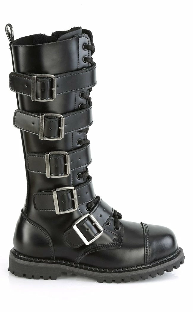 Demonia RIOT-18BK Black Leather Knee High Combat Boots 8 Demonia RIOT-18BK Black Leather Knee High Combat Boots