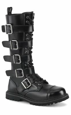 Demonia RIOT-18BK Black Leather Knee High Combat Boots